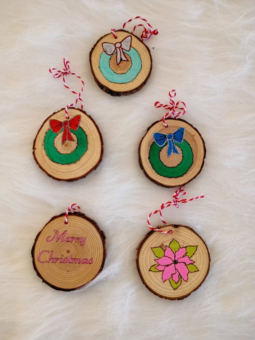 5 Pc Hand Painted Christmas Wood Slice Ornaments